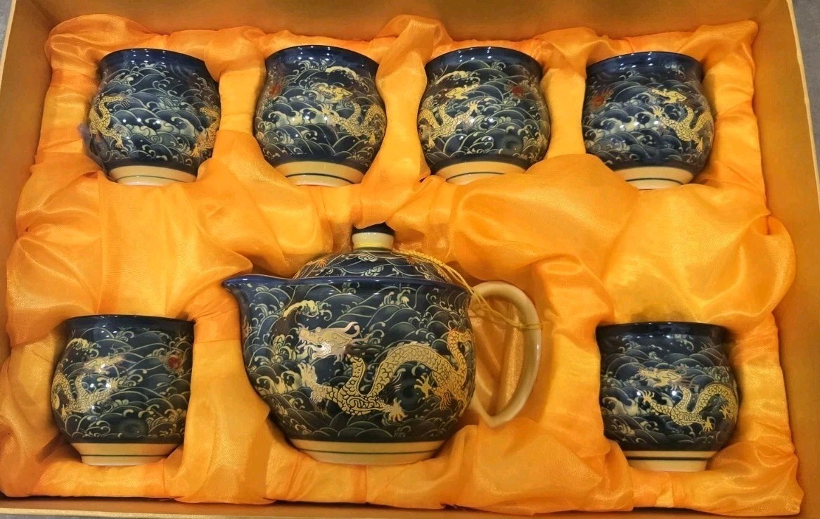 Chinese Ceramic Tea Set - Dragon Teapot Teacups - Ceremonial Asian Decor gallery