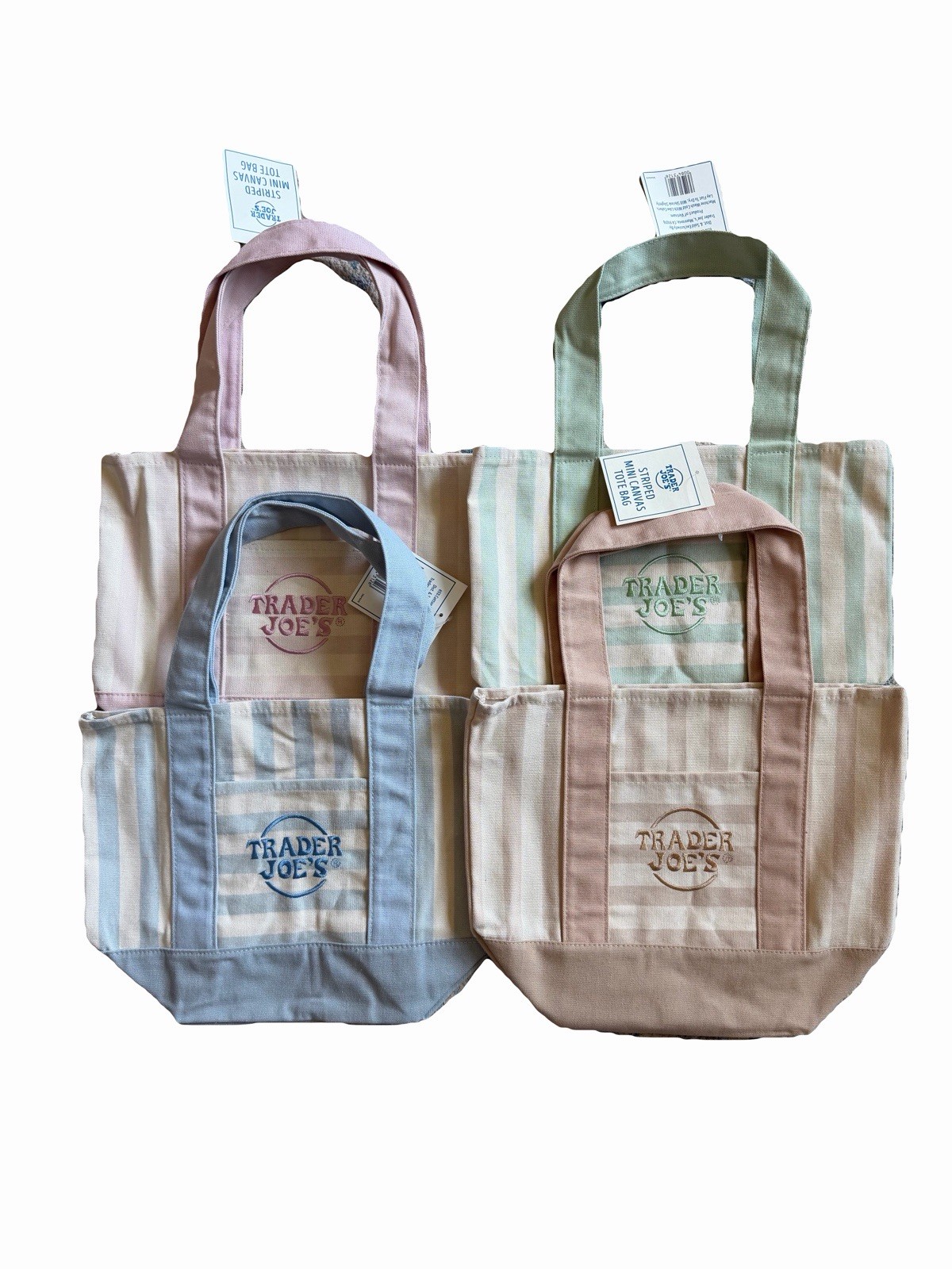 Trader Joes Mini Totes *NEW* with tags, Set of 4, pink blue green and beige gallery