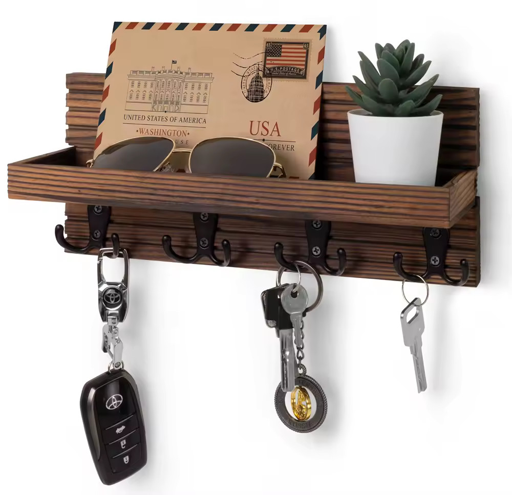 Rustic Wooden Entryway Mail Organizer Wall Mounted Key Holder with 4 Hooks gallery