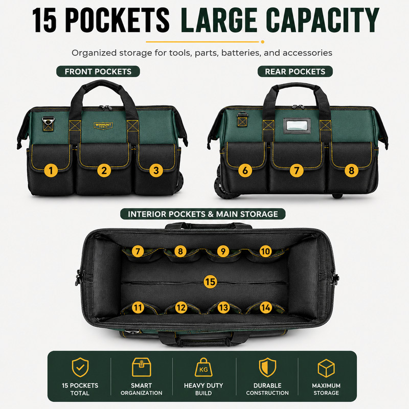 22 Inch Rolling Tool Bag with Wheels Telescopic Handle Heavy Duty 15 Pockets Bag gallery