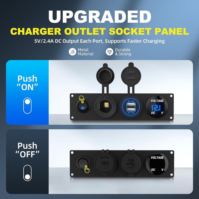 12V DC 4.8A Charger Socket Panel Dual USB & Cigarette Lighter for Boat RV gallery
