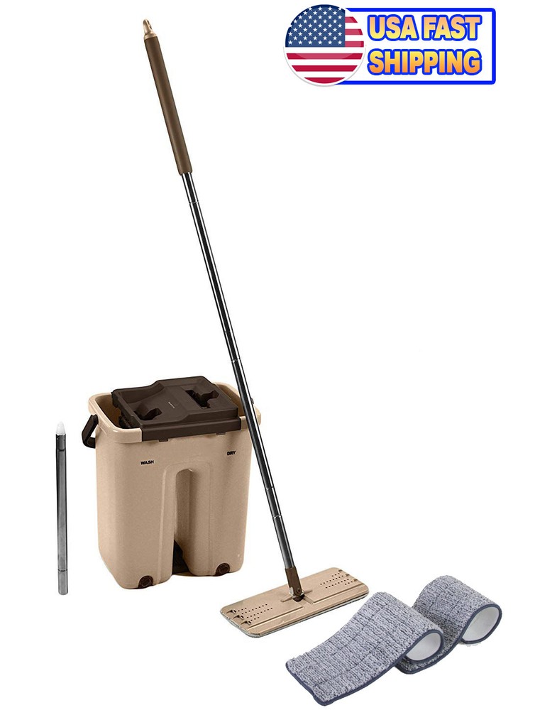 Self Cleaning Drying Wringing Mop Bucket System Flat Floor + 2 Microfiber Pads