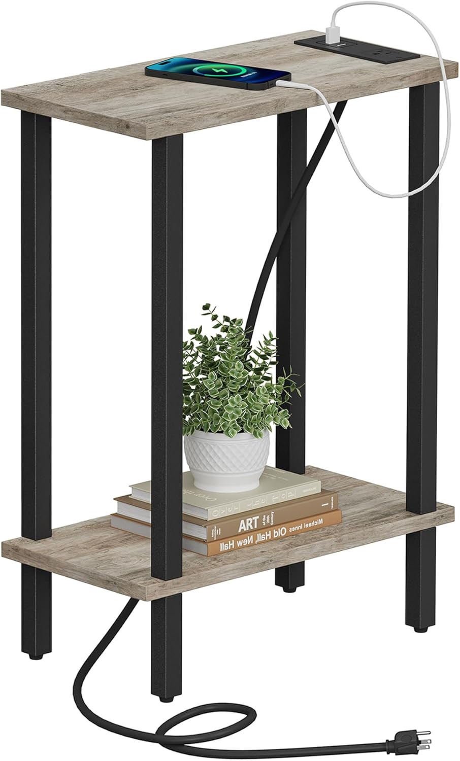 TUTOTAK Small End Table with Charging Station, Narrow Side Greige gallery