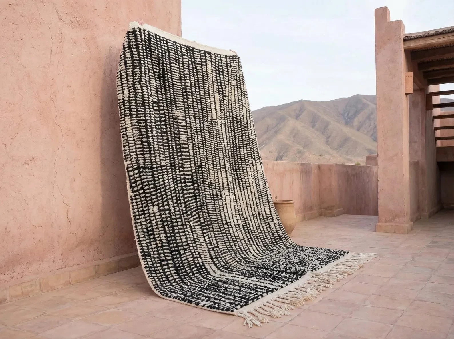 Handmade Moroccan Wool Rug Black And White Striped Tribal Area Fringe Carpet gallery
