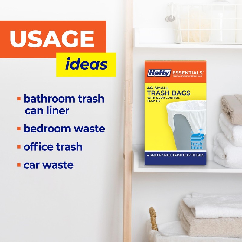 Hefty Essentials Flap Tie 4 Gallon Trash Bags, 52 1 Count (Pack of 52), White gallery