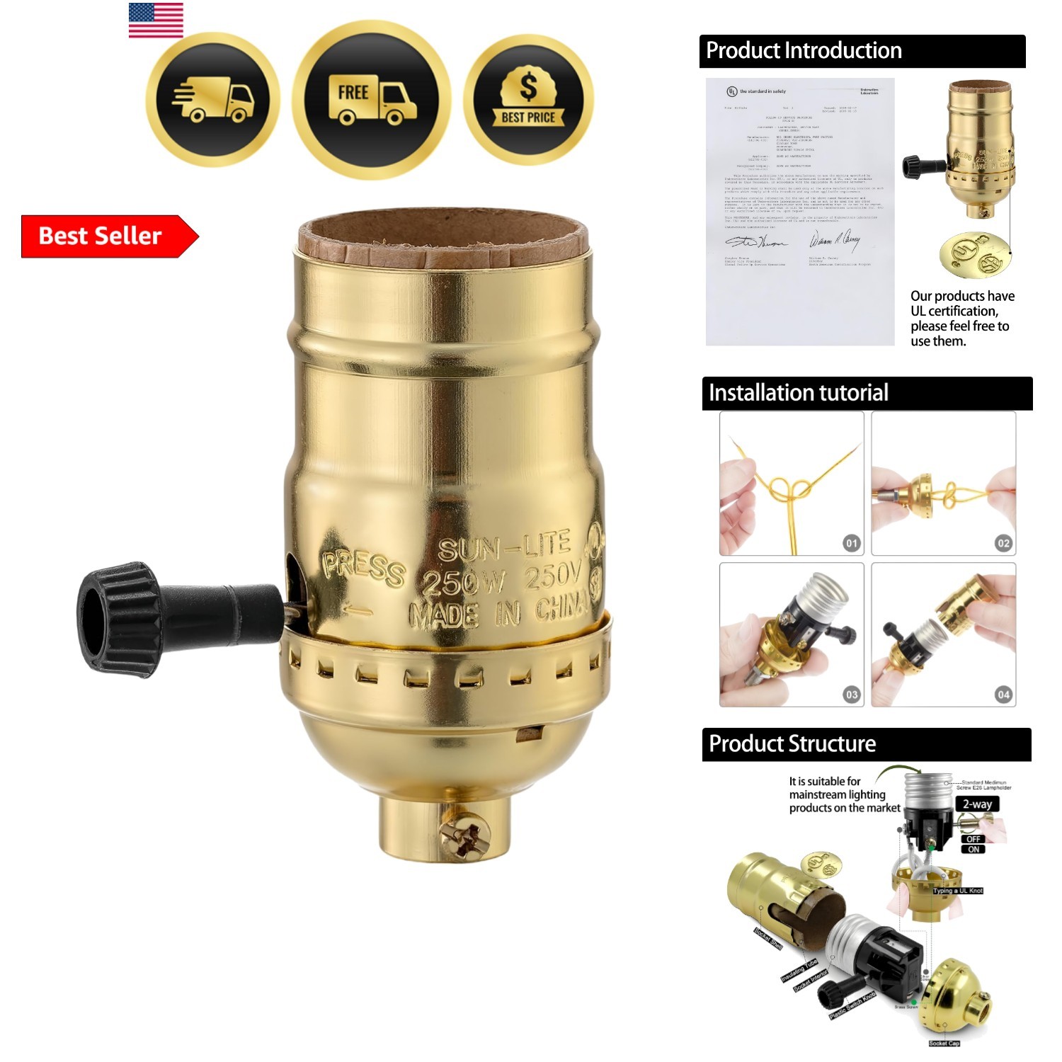 L&M Lamp Socket Replacement, E26 Threaded Base, Turn Knob for ON/Off Light Se... gallery