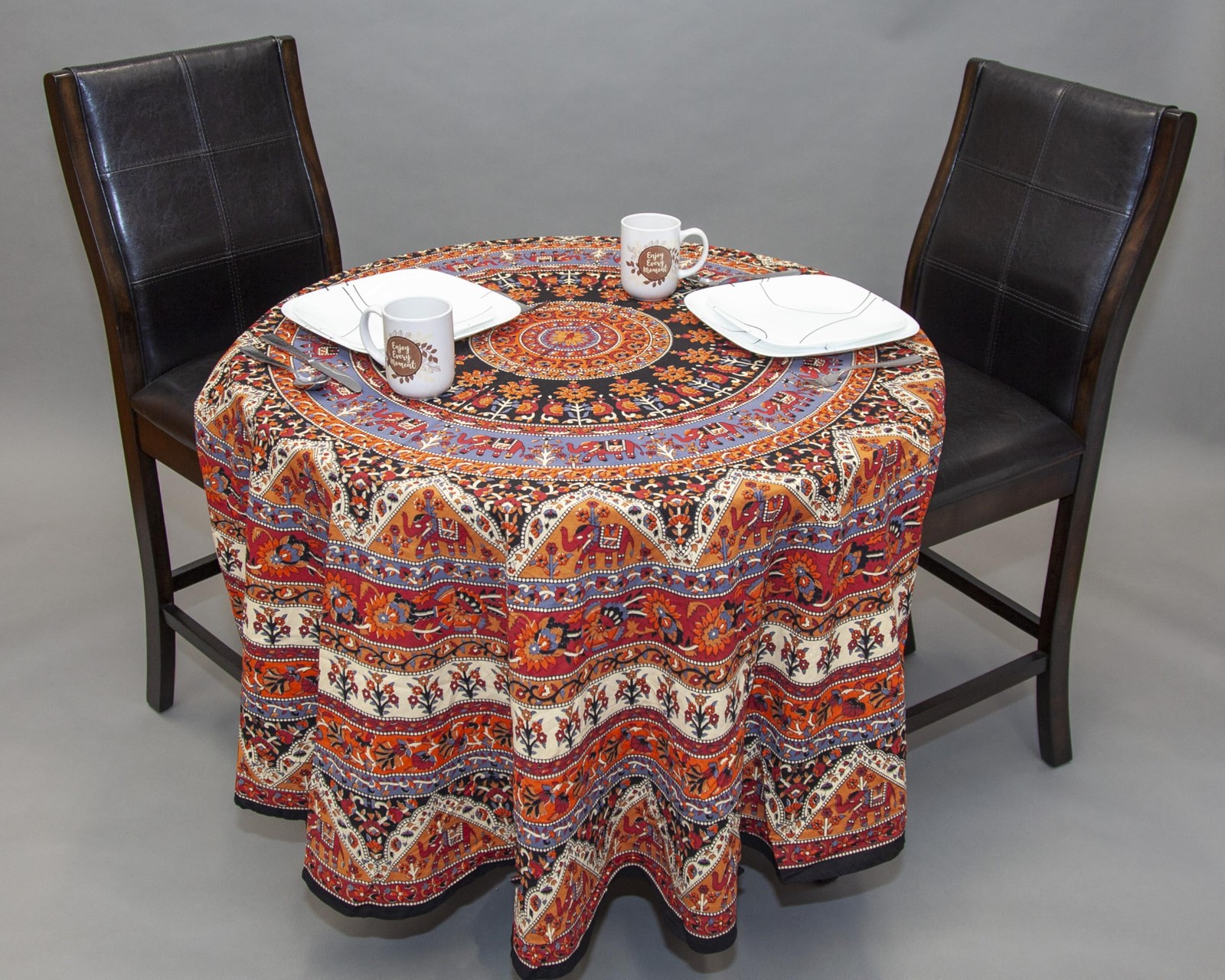 India Arts Indian Mandala Print Round Cotton Tablecloth 76" Brown gallery