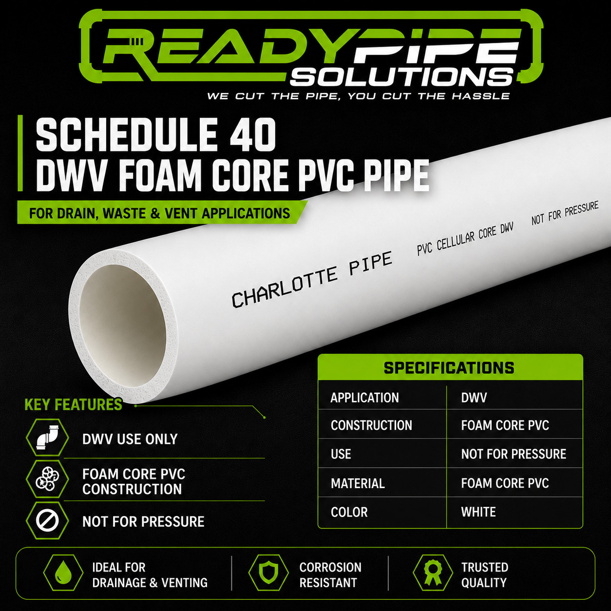 6" Foam Core PVC Pipe | Schedule 40 DWV | Cut to Length | Drain, Waste, Vent gallery
