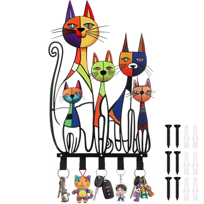 Mid Century Wall Mounted Coat Rack with 5 Hooks Retro Colorful Cat Art Decor gallery