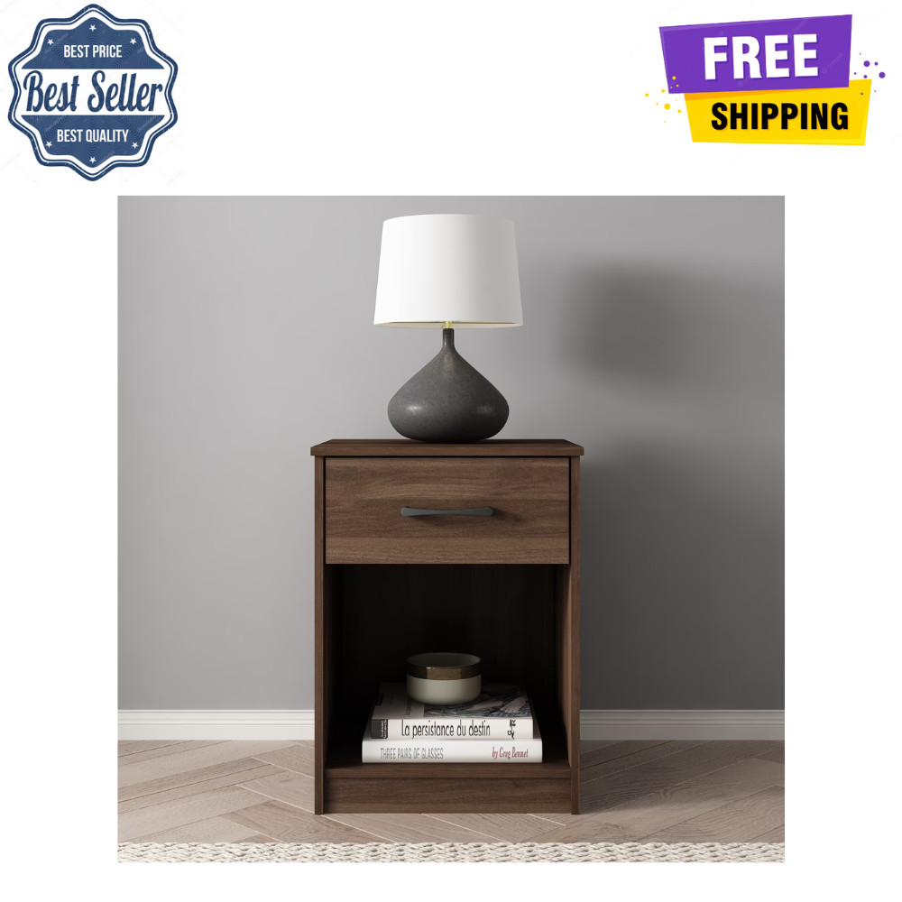 Mainstays Ardent Nightstand, 1 Drawer Bedside Table, Dark Walnut, Storage Shelf gallery