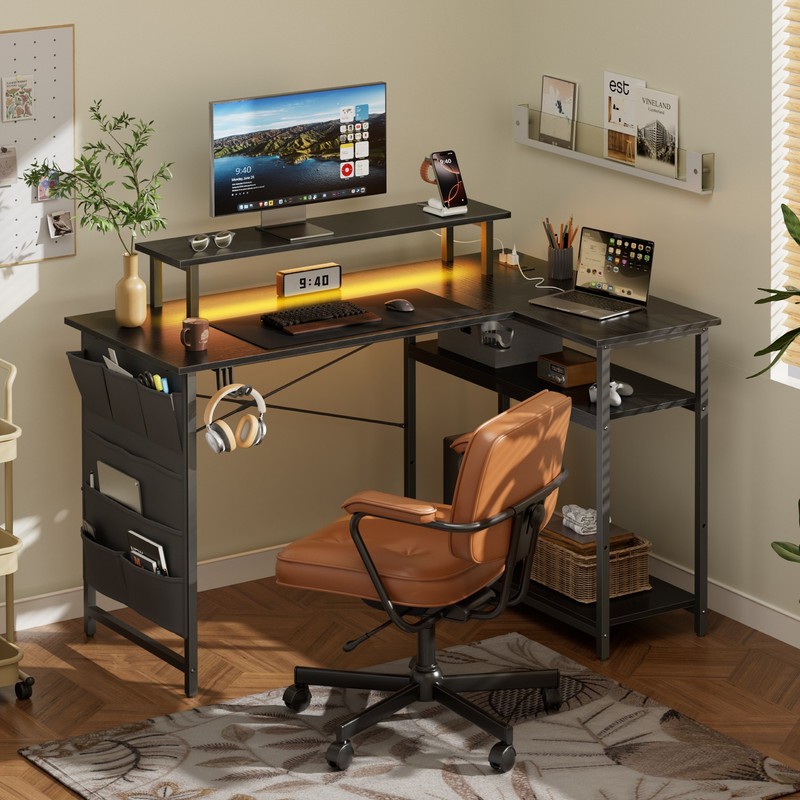 L Shaped Computer Desk with LED Light & Power Outlets, Corner Desk with Side Bag gallery