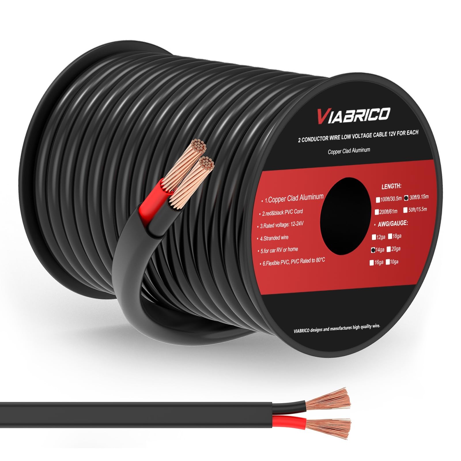 VIABRICO 14 Gauge 2 Conductor Electrical Wire, 14 AWG 2.08mm 30FT, Red&Black gallery