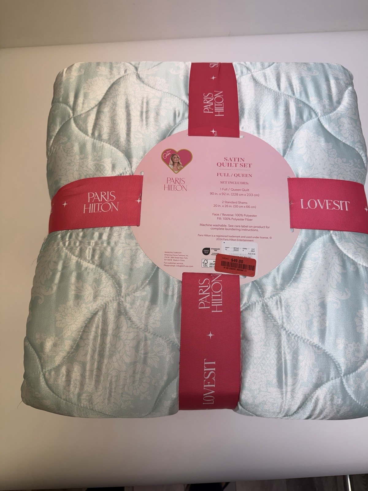 Paris Hilton Satin Quilt Set Full Queen Aqua Blue Damask 3 Pc Shams gallery