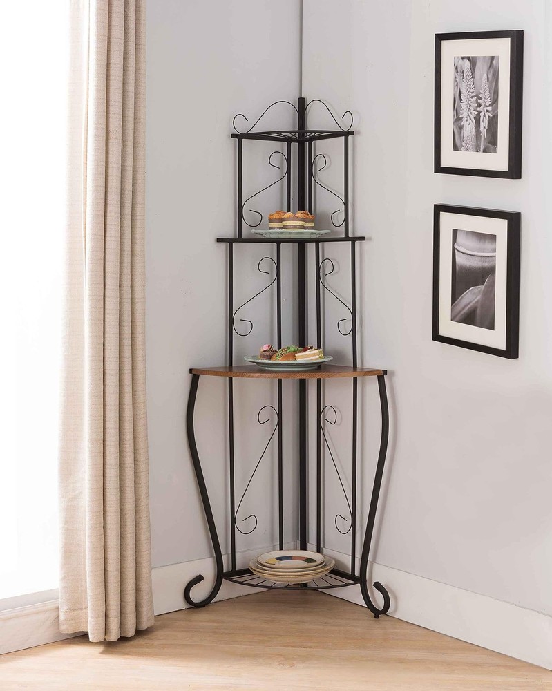 KB Designs 4Tier Corner Bakers Rack, Kitchen Storage Shelfs, Black/Walnut
