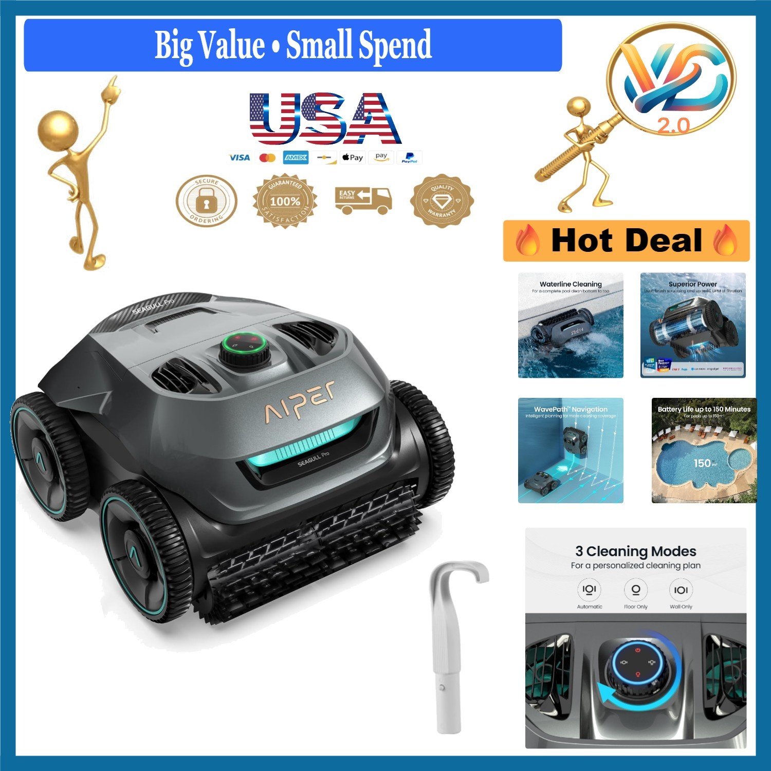 Seagull Pro Cordless Robotic Pool Cleaner Wall-Climber WavePath 150 Min gallery