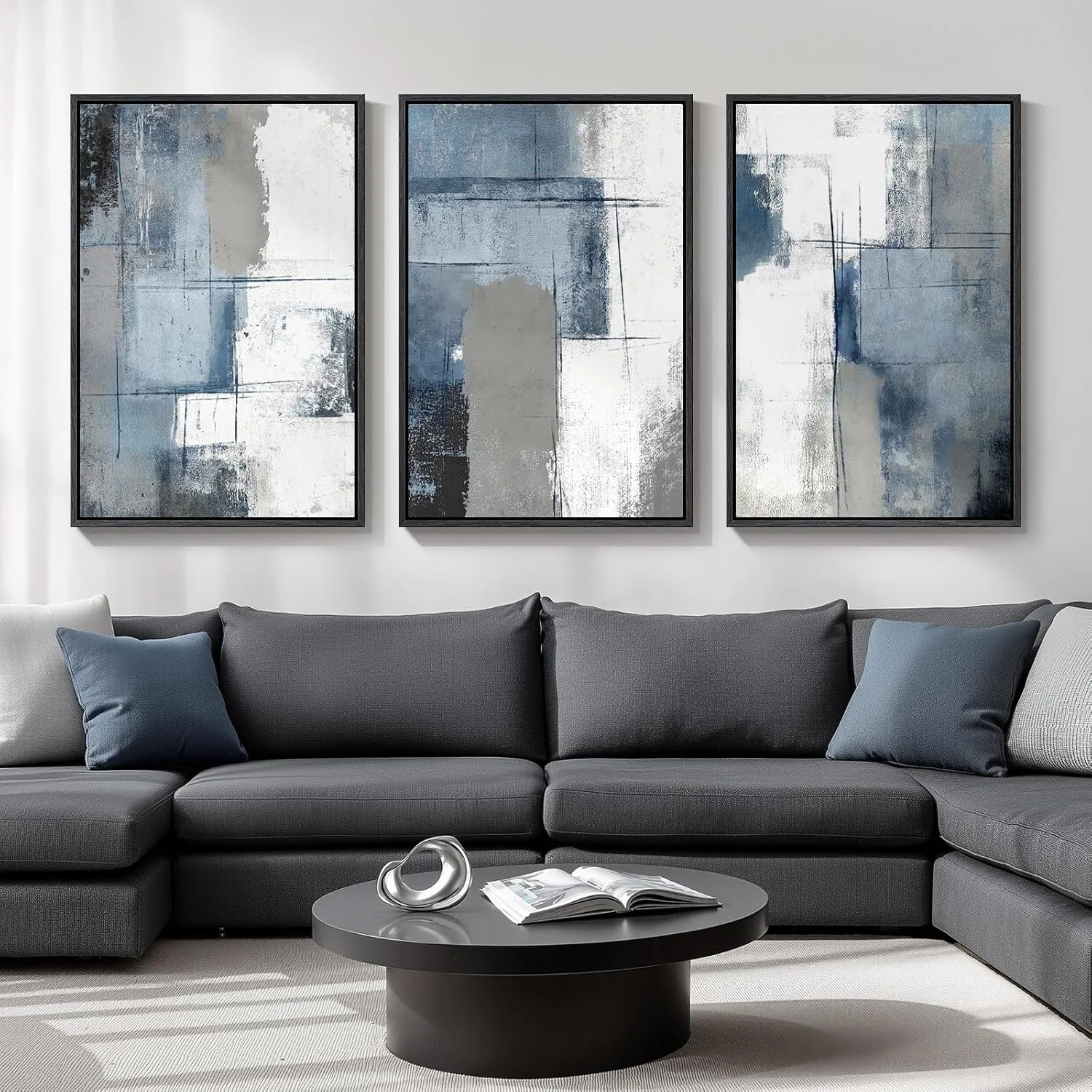 Large Framed Blue and Grey Abstract Wall Art for Living Room, 3 Piece Modern Can gallery