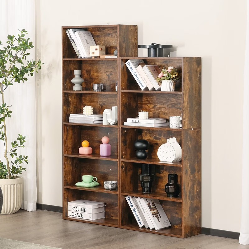 5-Tier Bookcase 53in Adjustable Shelves Anti-Tip Floor Standing Rustic Brown New gallery
