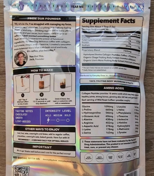 Everyday Dose Mushroom Coffee+ Collagen Protein Nootropic Focus Mood Mild Roast gallery