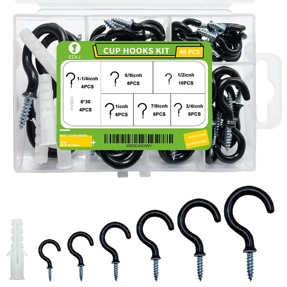 Small Black Screw-in Hooks Assorted Kit with Plugs, 1/2", 5/8", 3/4", 7/8", 1", gallery
