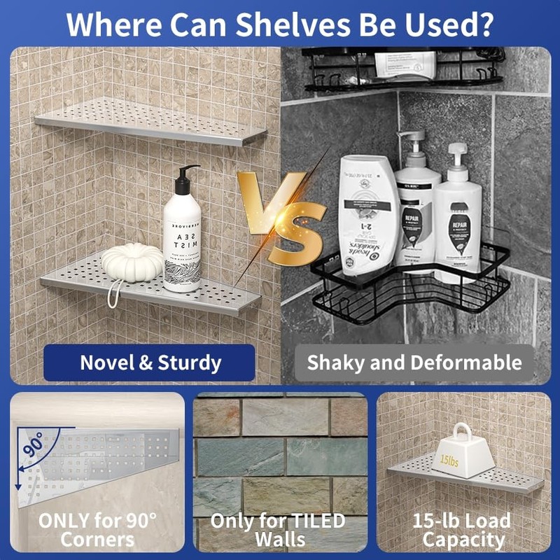 Corner Shower Shelf 12" Polished 304 Stainless Steel Recessed Trapezoid Grout gallery