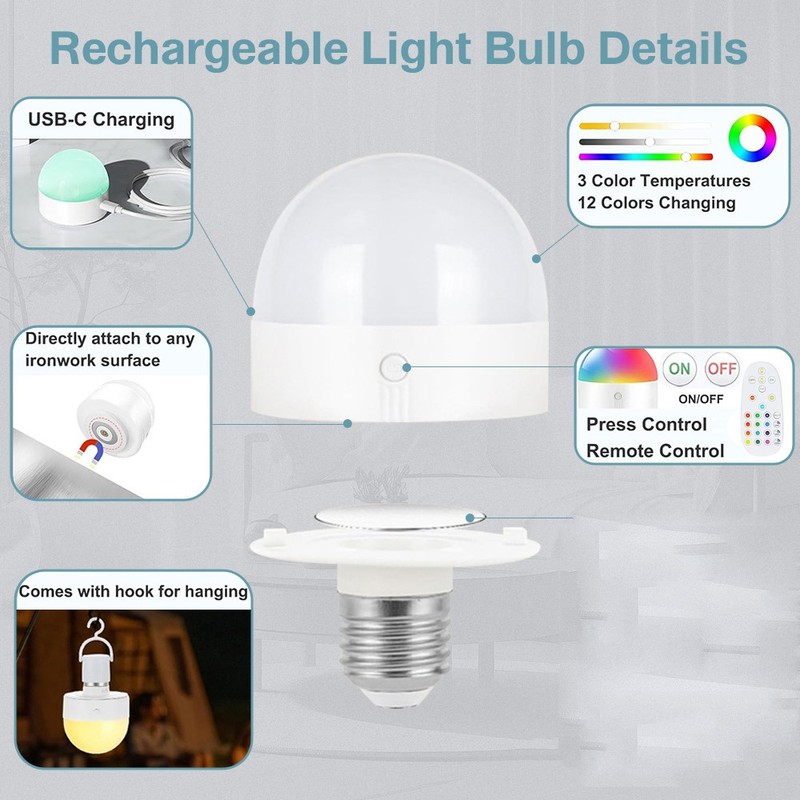 2Pcs E27 Rechargeable RGB Light Bulbs w/Remote Control and 3 Color Temperatures gallery
