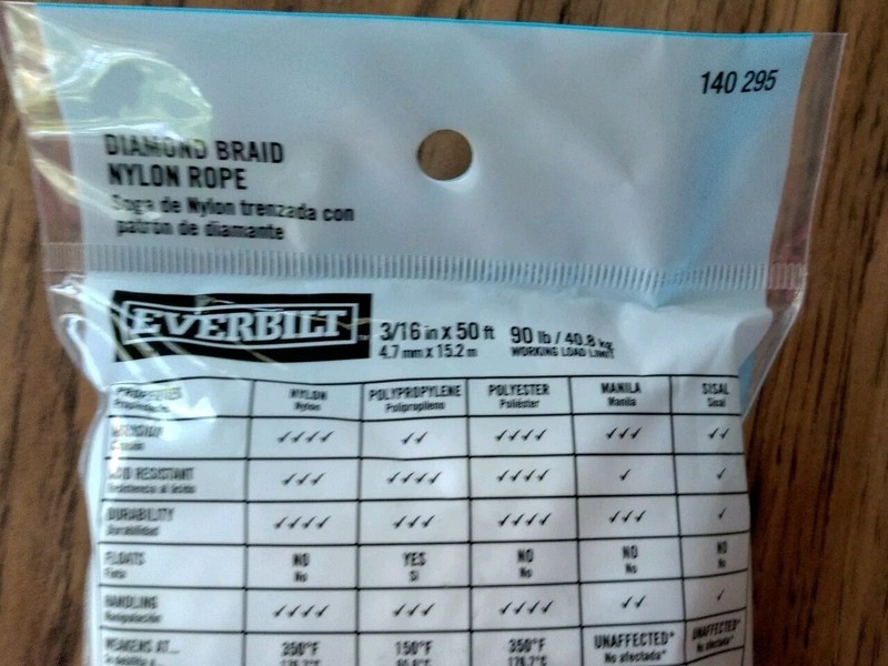 Everbilt 140295 White Diamond Braid Nylon Rope 3/16 in. x 50 ft. 90lb WLL NEW gallery