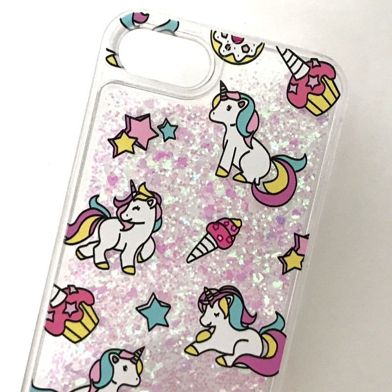 iPhone 5/6S/7+/8+PLUS - HARD CASE Waterfall PINK UNICORNS Liquid Glitter Hearts gallery