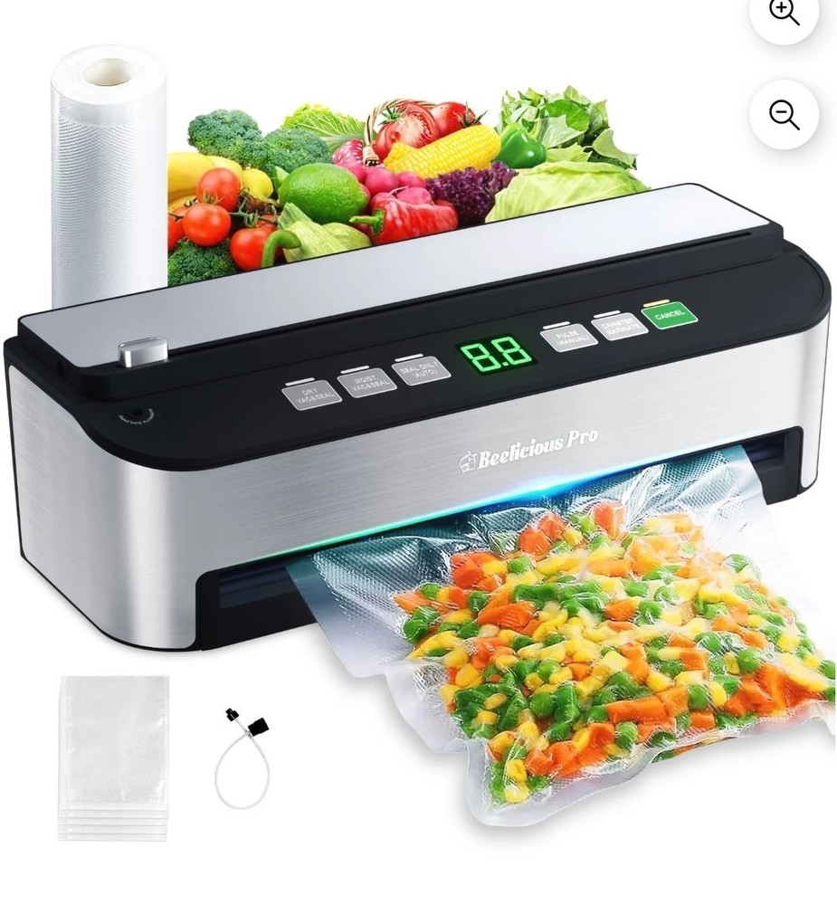 Beelicious 85KPA Fully Automatic 8-IN-1 Food Sealer with Bags Storage, Build-in
