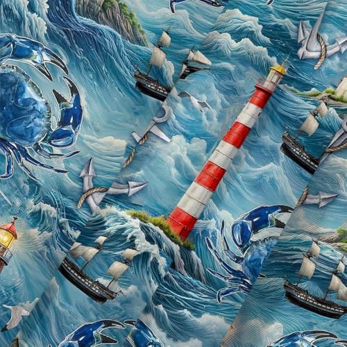 Nautical Lighthouse Shower Curtain, Blue Crab 69"W x 70"L (Pack of 1) Red Blue gallery