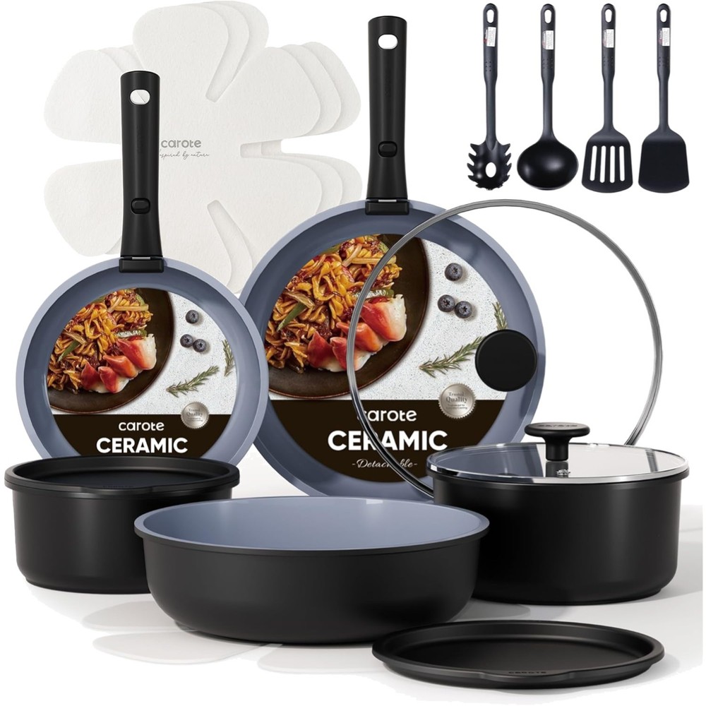 Versatile 19PC Non-Toxic Ceramic Cookware Set with Detachable Handle & Utensils