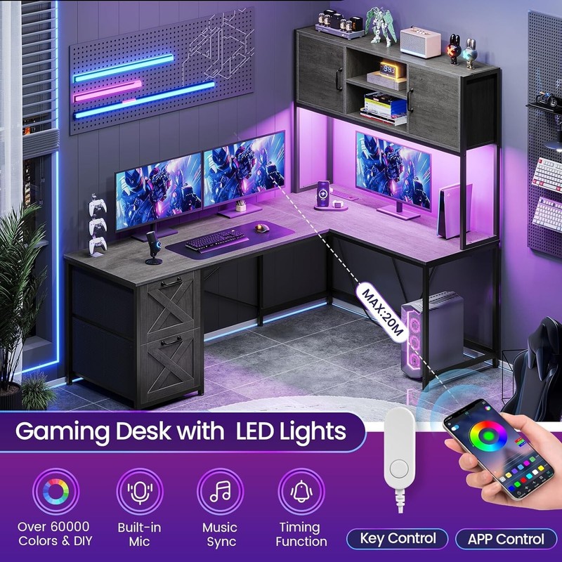 L Shaped Computer Desk with Led Lights, Hutch and Power Outlet, Home Office Desk gallery