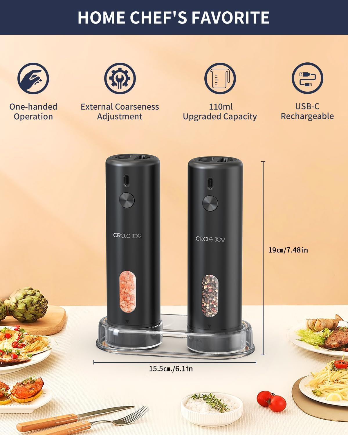 Rechargeable Electric Salt and Pepper Grinder Set with Base, Automatic Pepper gallery