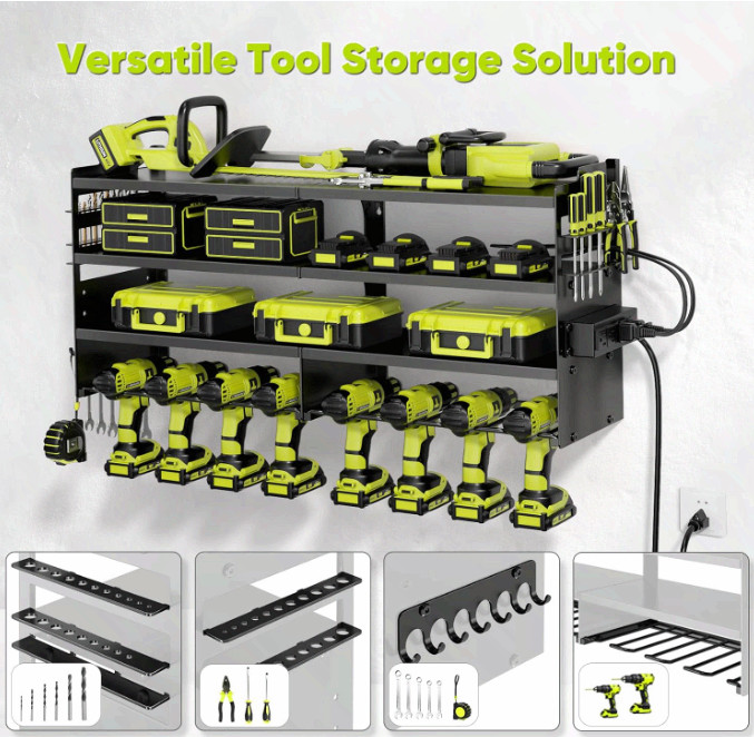 POKIPO Power Tool Organizer Wall Mount 4 Tier Rack w/Charging Drill Holder gallery