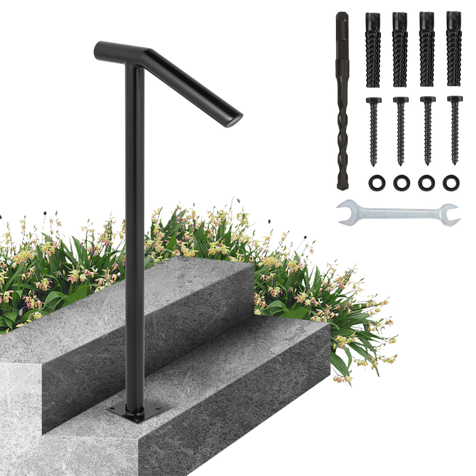 VEVOR 2-Step Handrail Single Post Handrail Round Metal Handrail for Stairs Matte gallery