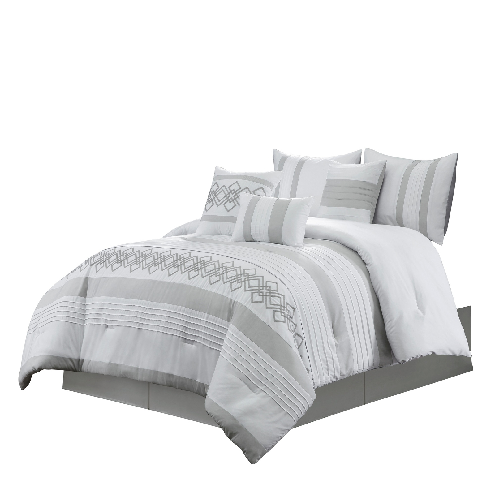 Luxury 7-Piece Chenille Geometric Embroidered Striped Comforter Set, Gray/White gallery