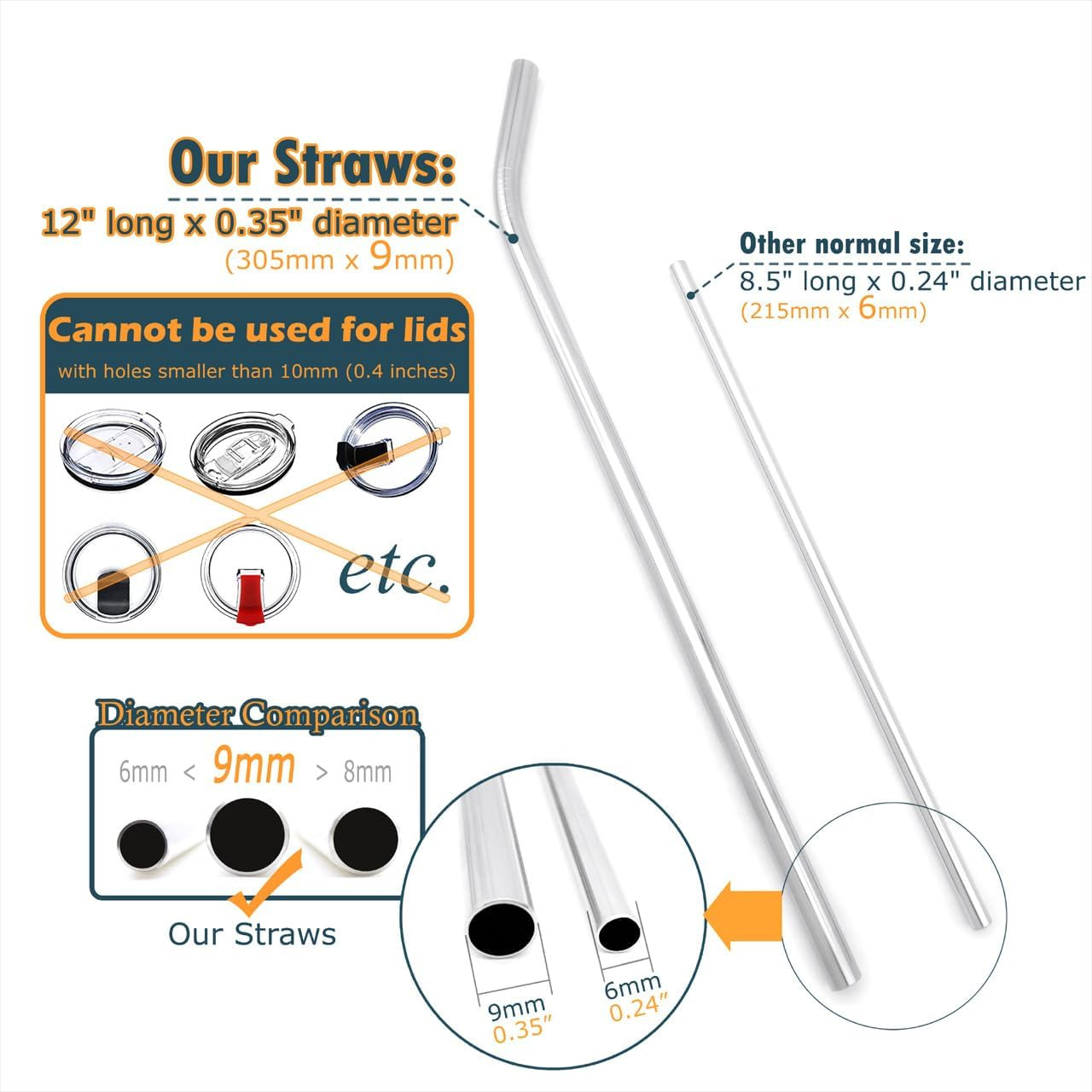 Big Drinking Straws Reusable 12 Inches Extra Long 9mm Extra Wide SUS 304 Food-Gr gallery