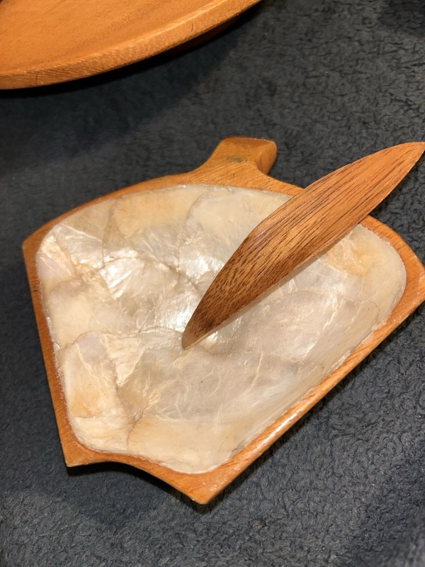 Serving Set, Unique Vintage, 1960’s Hand Carved Rain Tree Wood & Capiz Inlay gallery