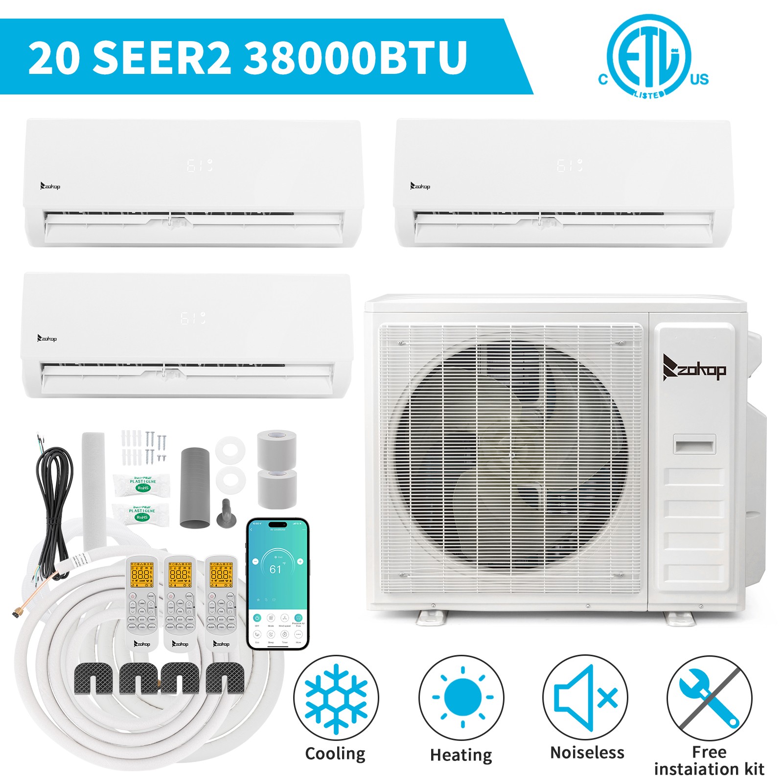 38000 BTU Tri 3 Zone Mini Split Heat Pump Air Conditioner 2 x 12000 + 18000 BTU gallery