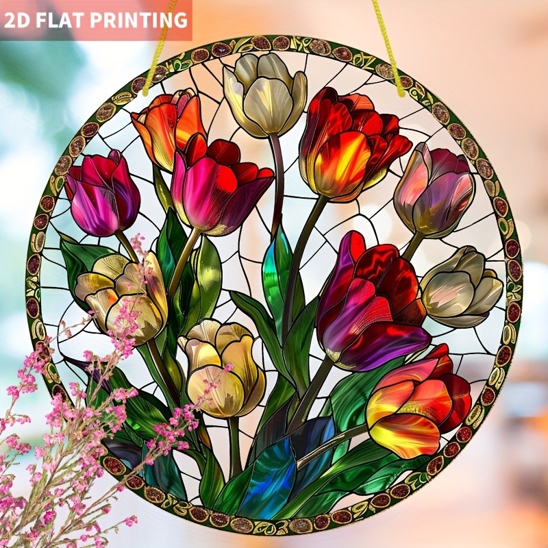 Multi Color Tulip Flower Round Acrylic Suncatcher Floral Window Hanging Decor gallery