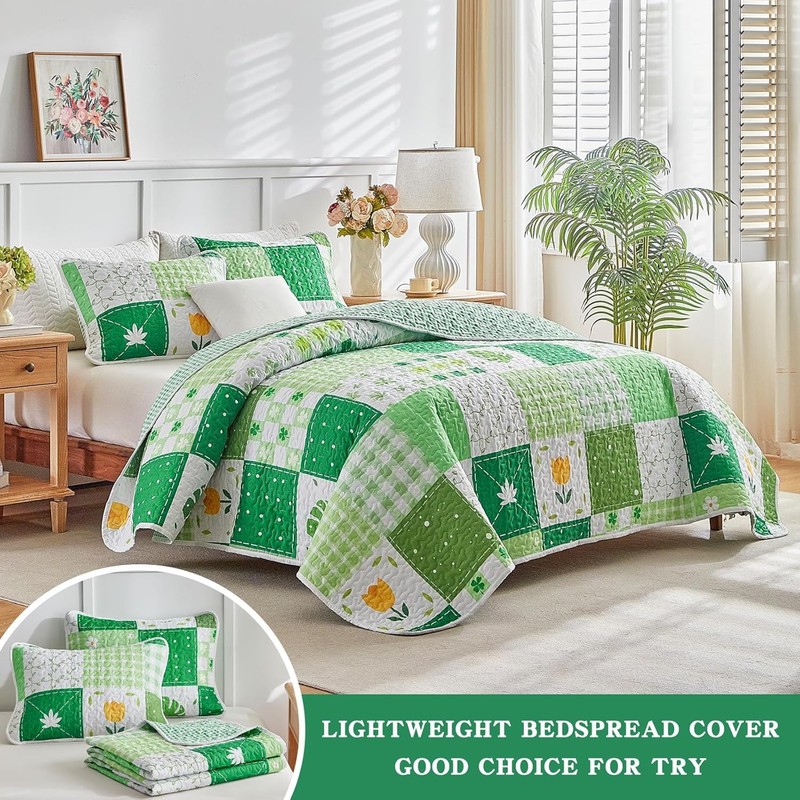 Queen Size 3-Piece Patchwork Quilt Set Green Pink White Leaves Floral Plaid gallery