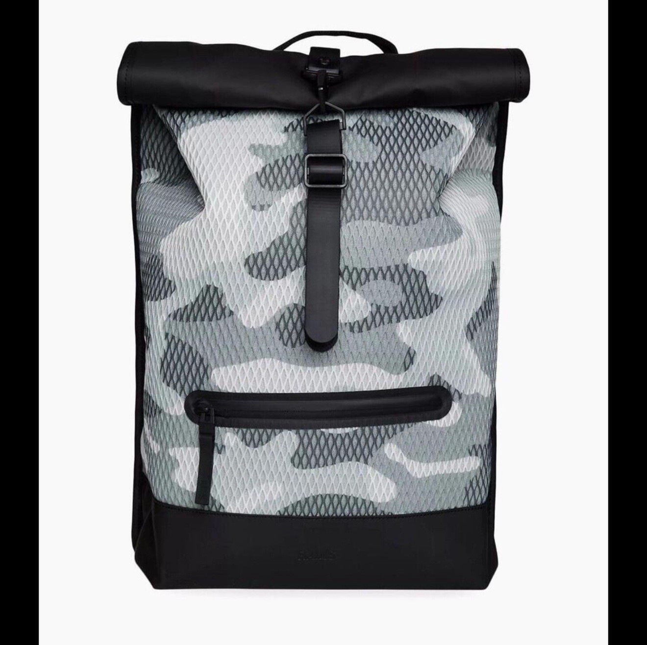 RAINS Rolltop Rucksack Waterproof Backpack Black Camo NWT 2