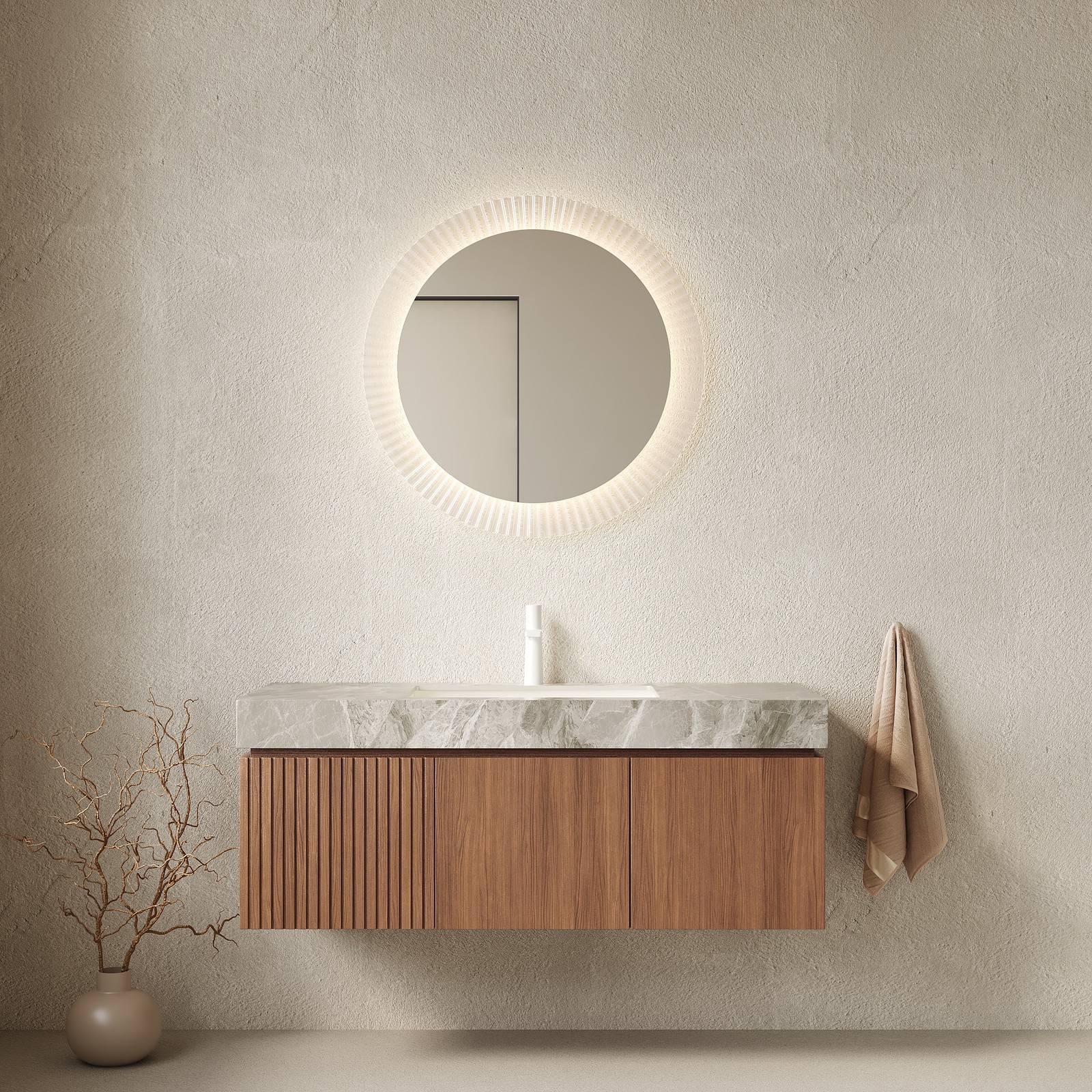 MURI 48in Floating Bathroom Vanity Sink Stone Top Ceramic Basin Brown Oak gallery