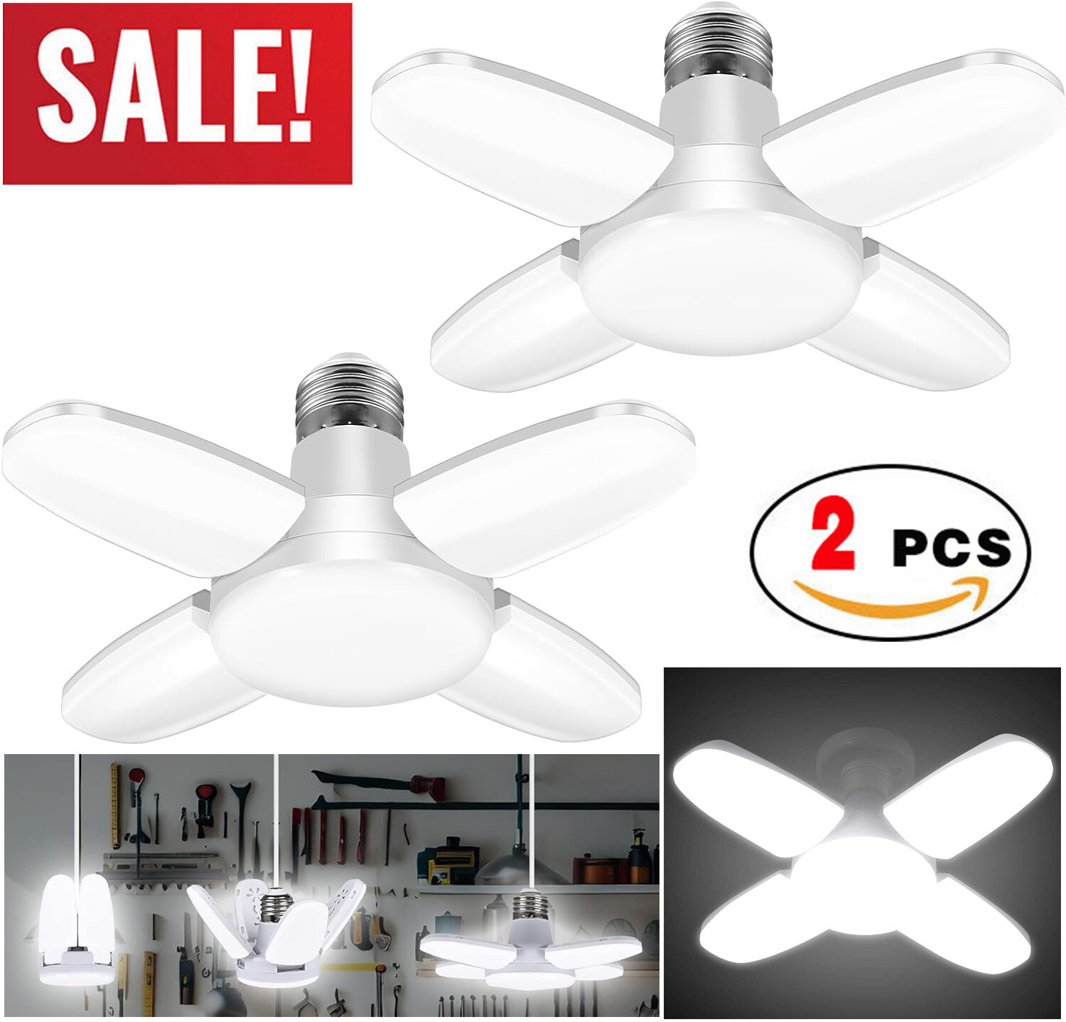 2-PACK E27 LED Garage Light Bulb Deformable Ceiling Fixture Lights Workshop Lamp gallery