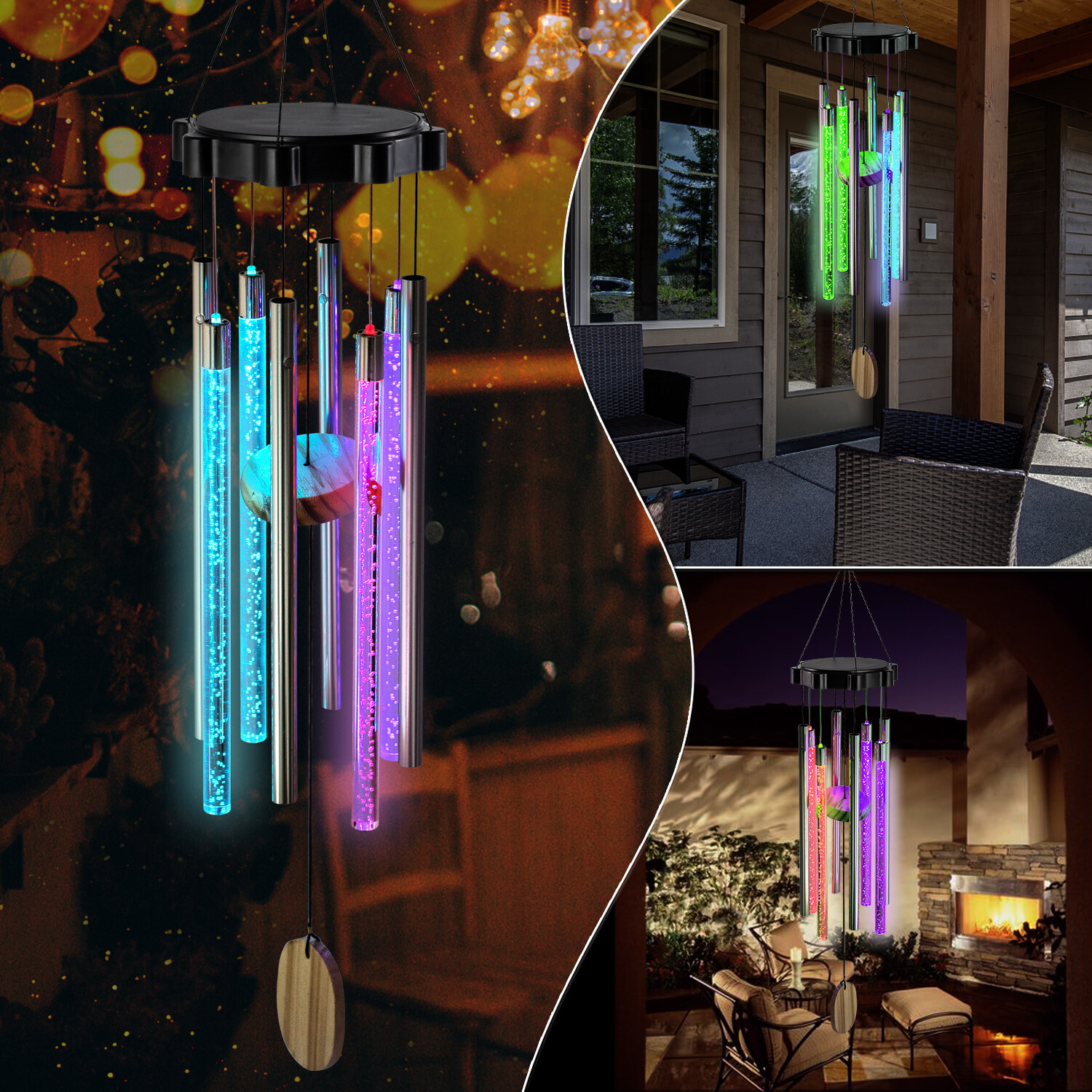 Color Changing Solar Wind Chimes LED Lights Large Deep Tone Resonant Bell Tubes gallery