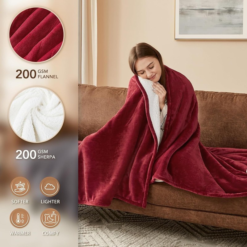 Electric Heated Blanket Queen Size Flannel Sherpa Warmth 10 Heat Levels Auto-Off gallery