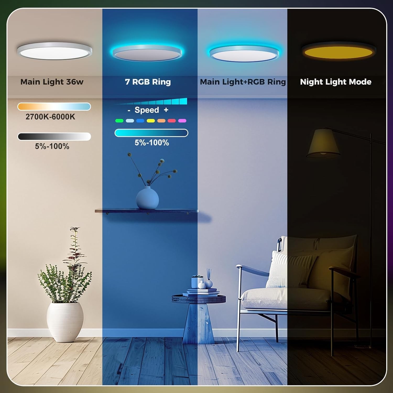 Smart RGB LED Ceiling Lights with Remote - 15.8 Inch, 36W 3600LM round Flush Mou gallery