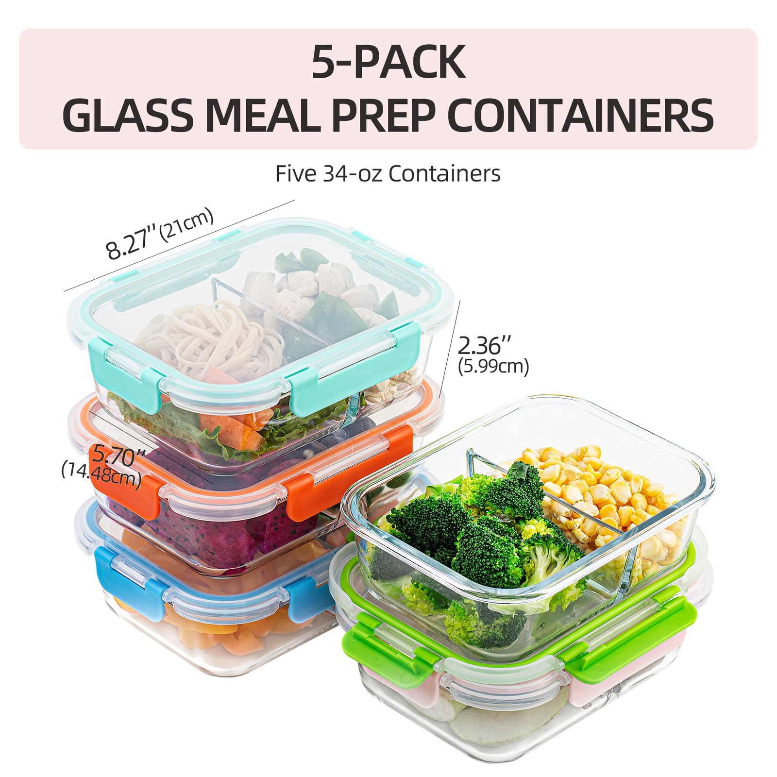 5-Pack,2 Compartment Glass Meal Prep Containers Set,34oz, Divided Food Storag... gallery