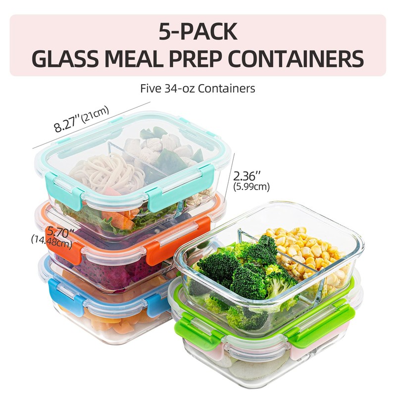 5-Pack,2 Compartment Glass Meal Prep Containers Set,34oz, Divided Food Storag... gallery
