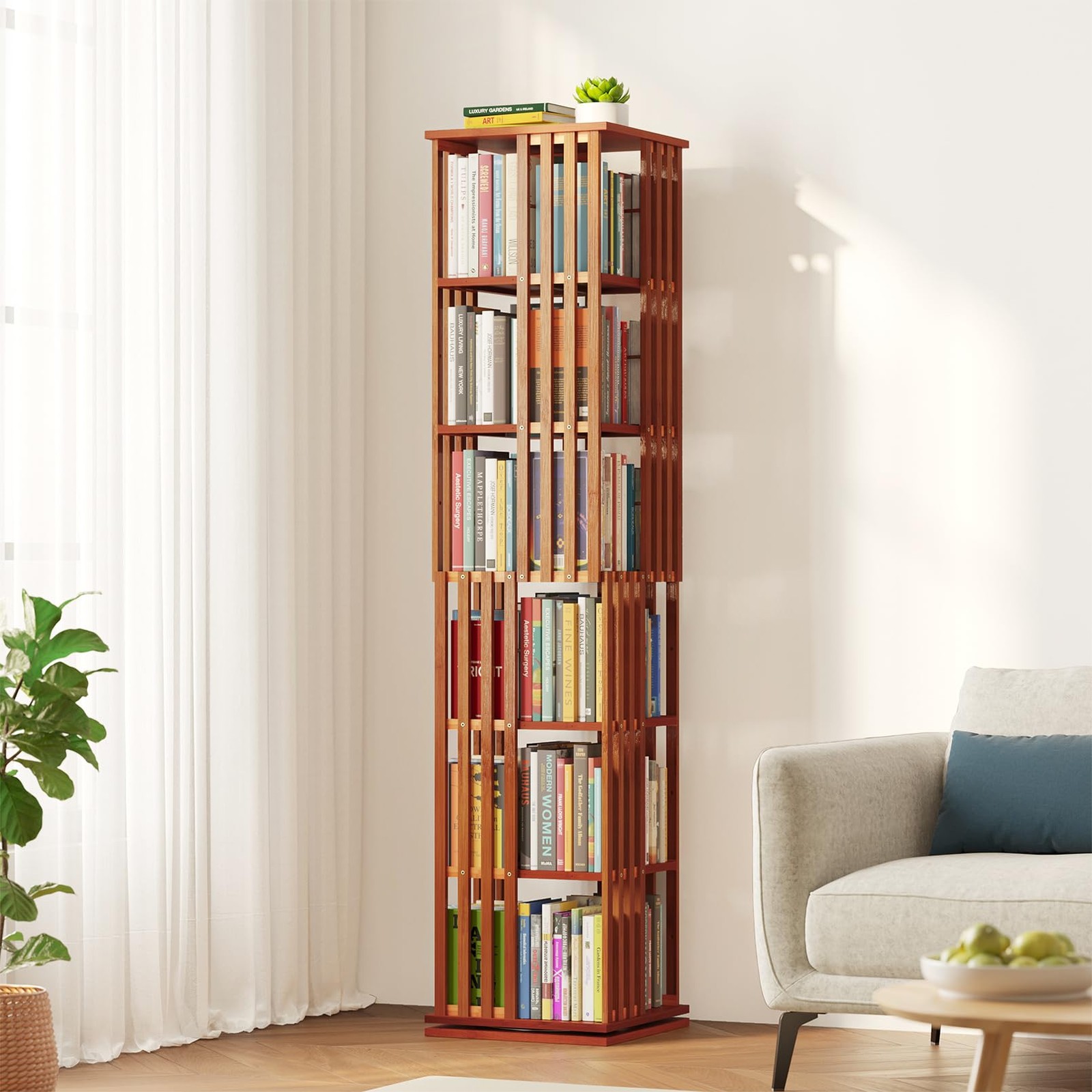 6 Tier Rotating Bookshelf Tower, Bamboo Spinning Book 6 Tier, 67.5" H Walnut gallery
