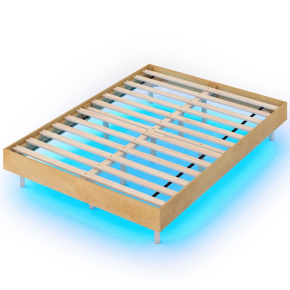 Full Size Floating Bed Frame with LED Lights, 12 Inch Modern Wood Platform Bed